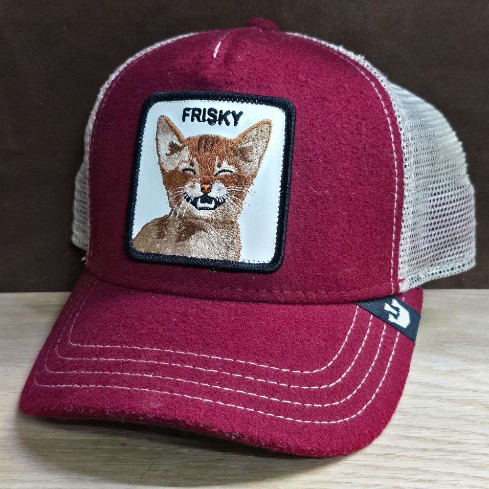 Goorin Bros Frisky Whisky Cat Trucker Hat Burgundy Felt White Mesh Snapback